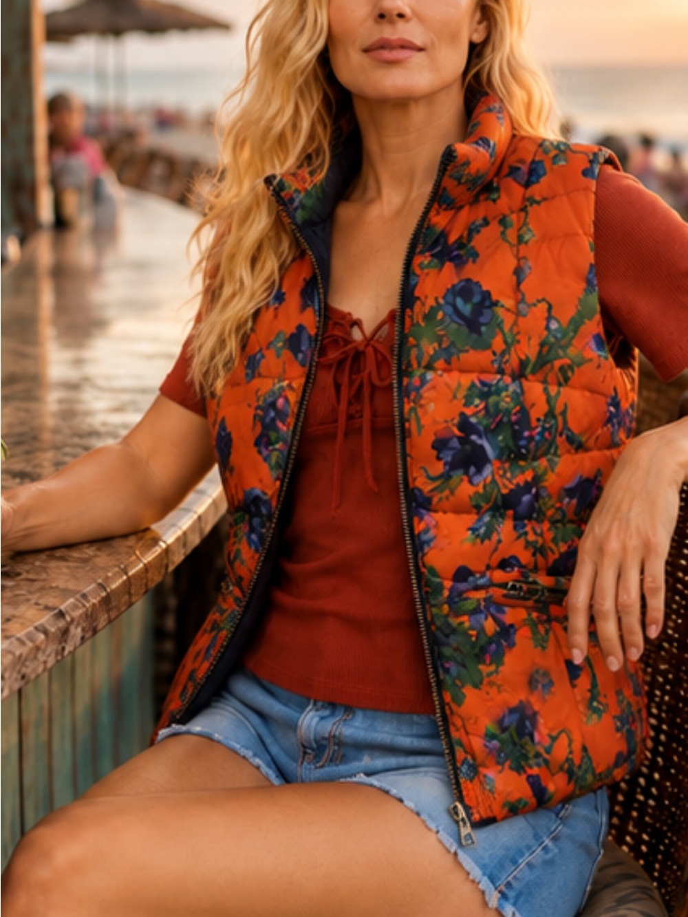 Peruvian Connection Floral Quilted Puffer Vest Orange Blue Zip Front | Size S